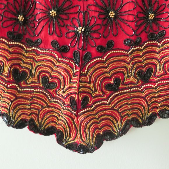Papell Boutique Silk Evening Red Black Gold Multi-Color Floral Beaded Top - Picture 7 of 9